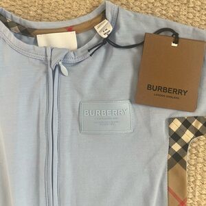 Burberry Light Blue Baby Romper with Check Trim